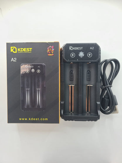 KDEST A2 2 Bay Battery Charger with Type-C cable and packaging